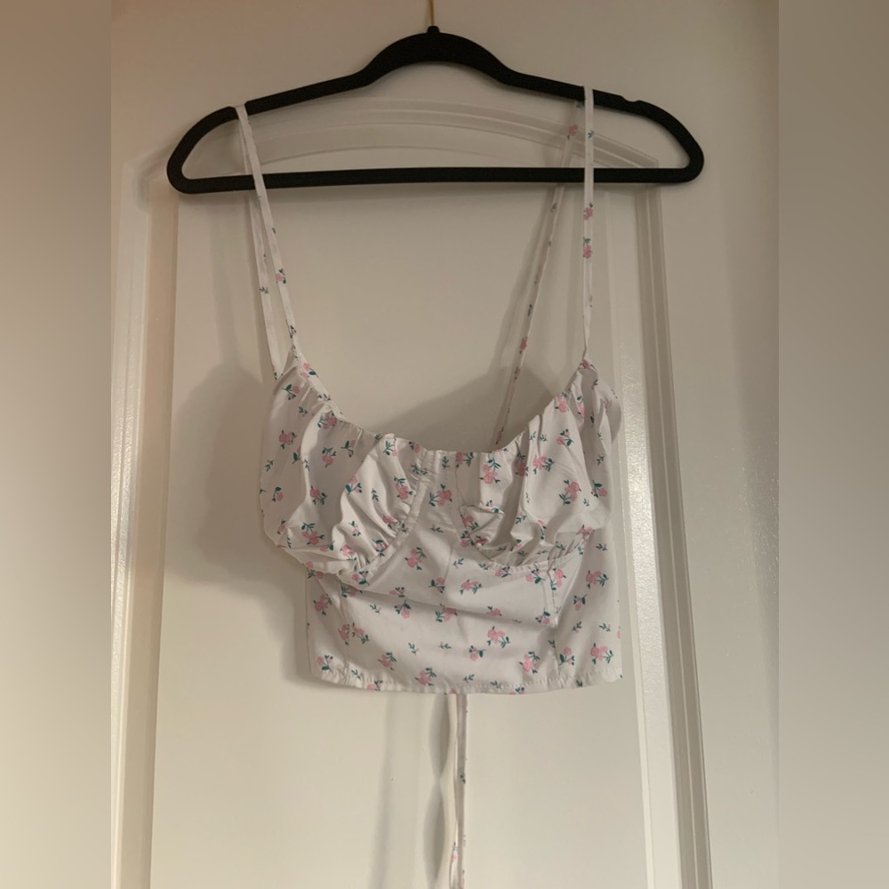 SHEIN White Floral (pink&green) Cropped Cami Top W/ Tie Up Back